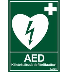 AED Kiinteistössä defibrillaattori, tarra A4