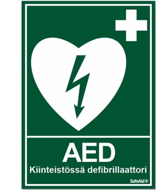 AED Kiinteistössä defibrillaattori, tarra A4