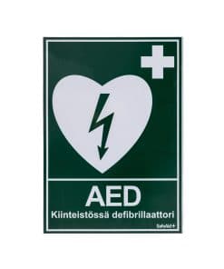 AED Kiinteistössä defibrillaattori, tarra A4